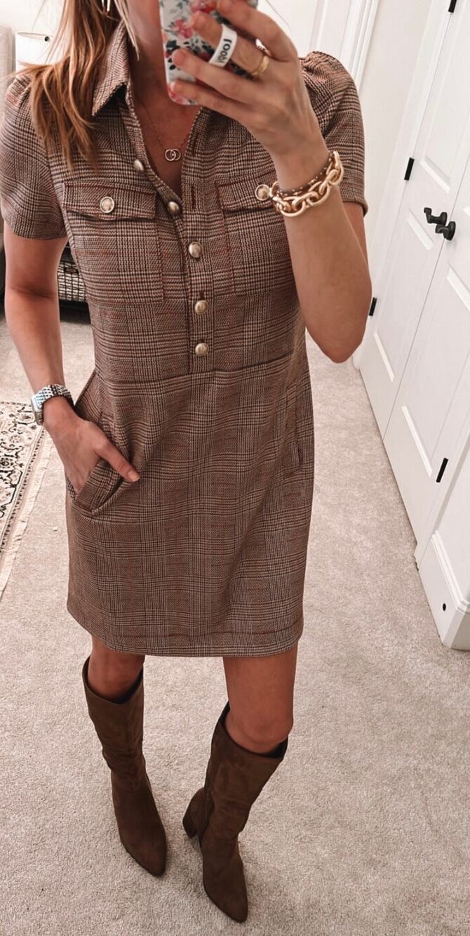 Fall autumn equestrian classic academic LOFT Plaid Mini Pocket Dress 0022 A1